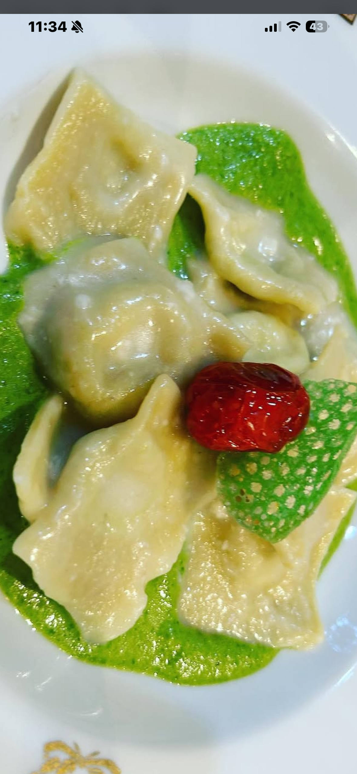 Ravioli with vibrant green herb sauce and cherry garnish